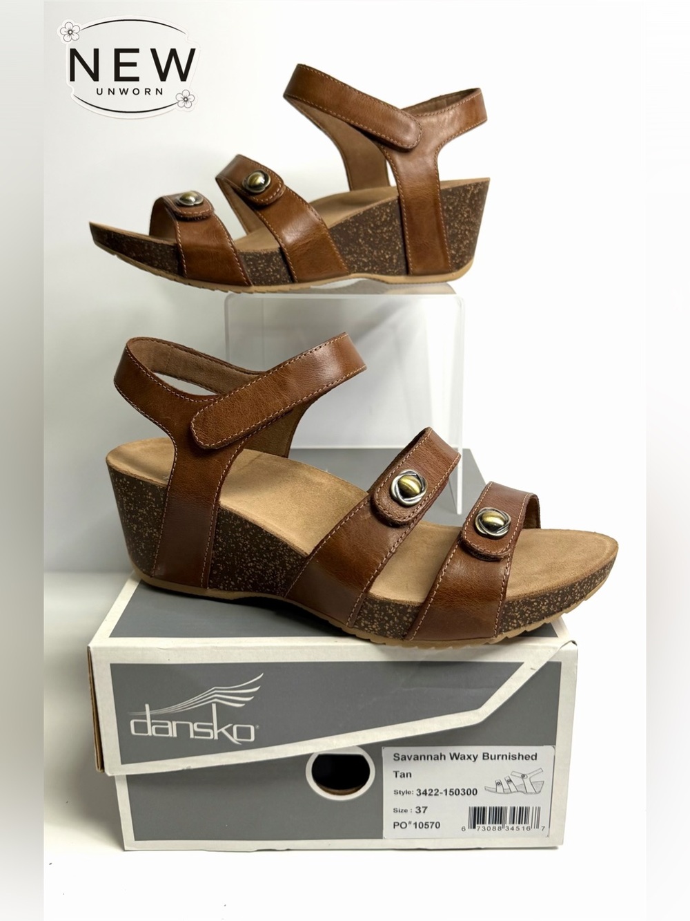 NEW Dansko Savannah Waxy Burnished Tan Wedge Sandal Size EU 37 in Original Box